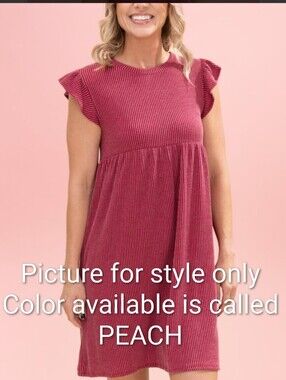 NWOT Boutique Brand Raised Rib Peach Ruffle Sleeve Short Babydoll Dress